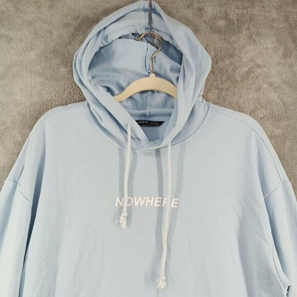 SHEIN Hoodie Size LARGE(12-14) "NOWHERE" Print Light Blue Knit Casual Pullover - Picture 2 of 12